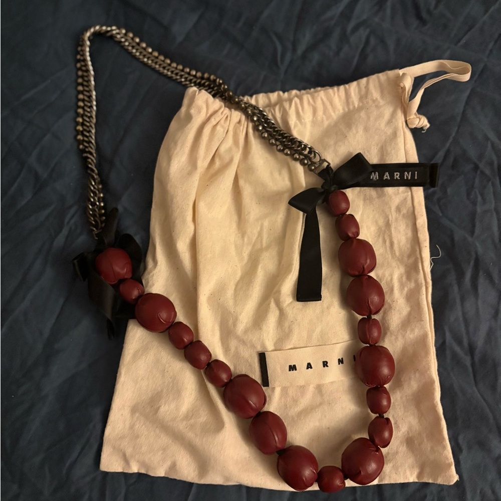 Marni Burgundy Leather Bead Necklace with Black Ribbon
